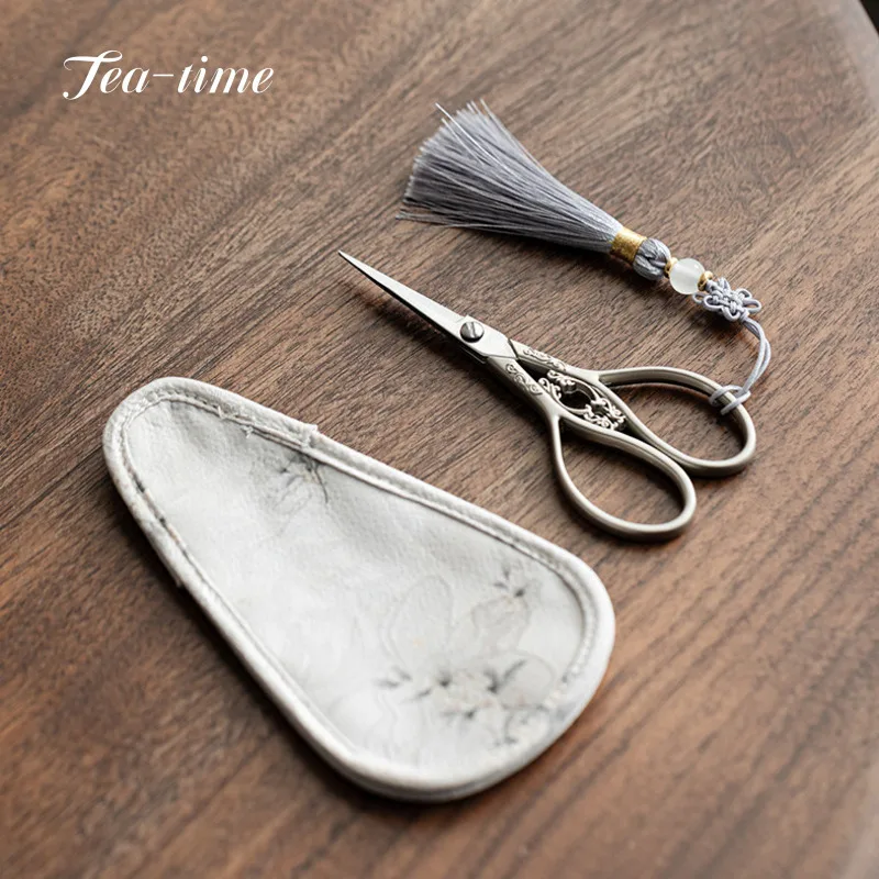 Retro Bamboo Tea Bag Scissors Pure Handmade Cloth Bag Tea Scissors Protector Tassel Chinese Knot Knife Puer Ceremony