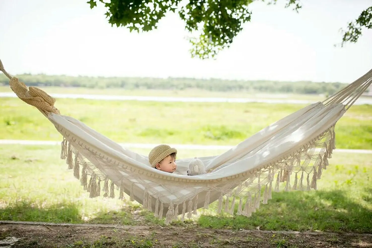 

Boho Large Brazilian Macrame Fringe 2 Person Double Hammock Swing Net Chair for Beach, Yard, Bedroom, , Porch, Indoor, Outdoor,