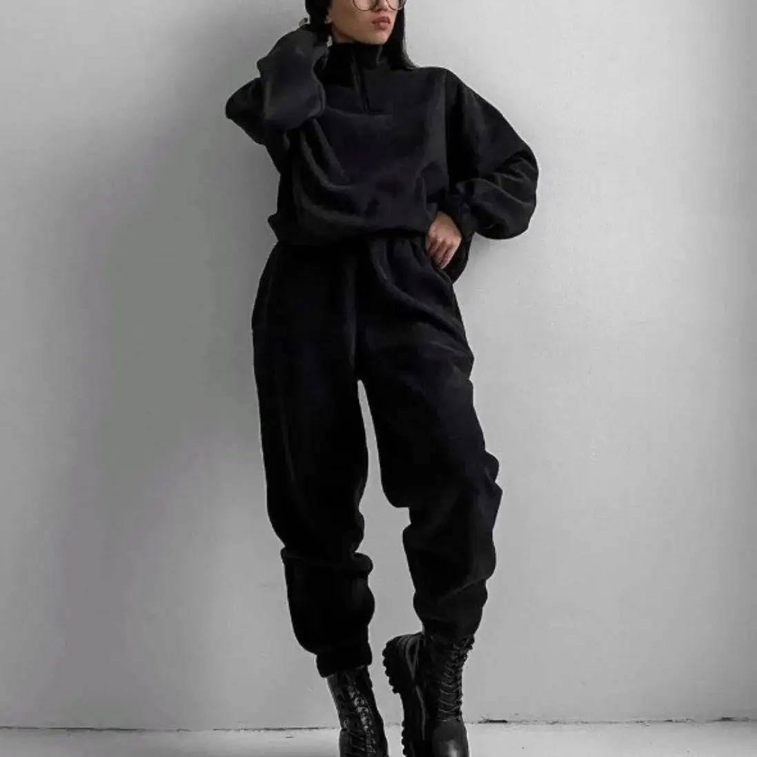 

2023 Winter Autumn Two-piece Set Women Sports Hooded + Long Pants Women Fashion Stand Collar Zipper Streetwear Solid Hooded Sets