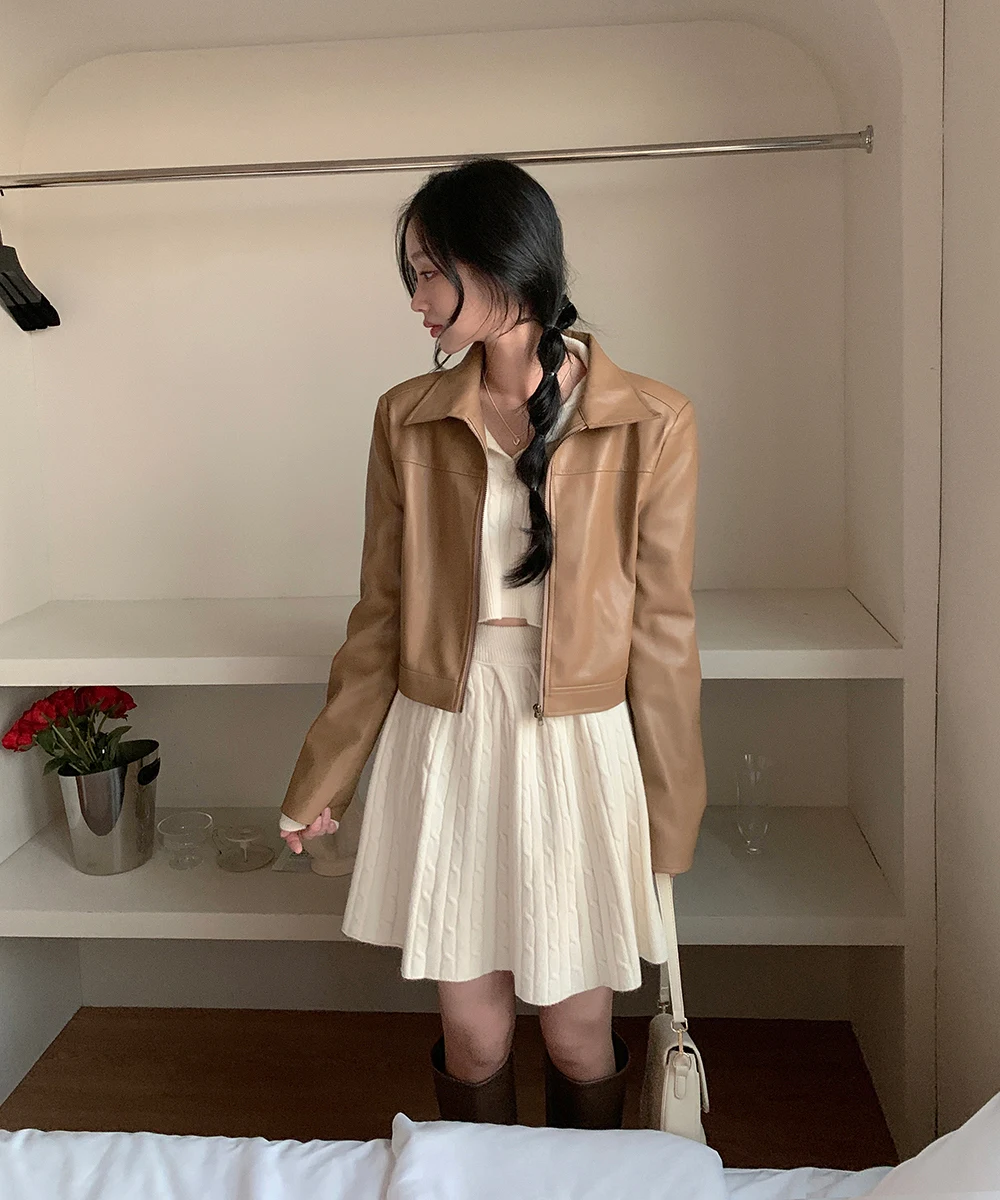 Korean Fashion Two-piece Set Women Pullover Turn-down Collar Crop Top Mini Skirt Solid Casual Suit Autumn New Knitwear Outfits