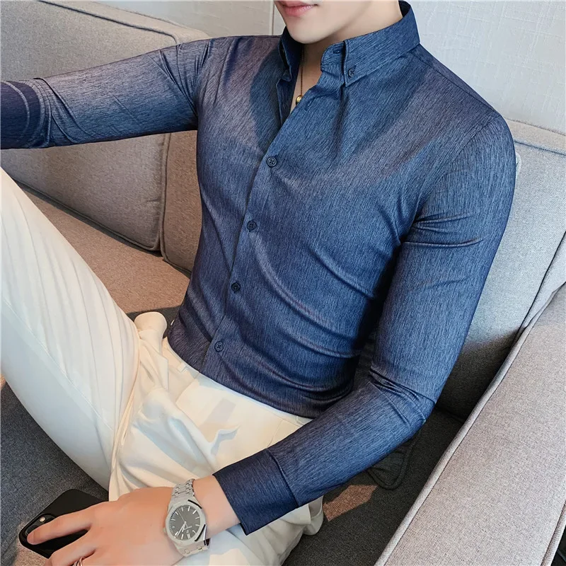 Men Casual Shirts British Style Men Long Sleeved Shirt 2025 Autumn Anti-wrinkle Soft Solid Casual Elastic Slim Fit Camisas Y Blusas Men Clothing