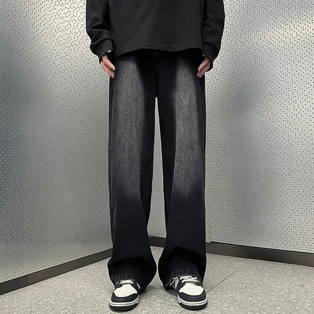 

Distressed Loose Fit Denim Trousers Retro Hip Hop Men's Jeans with Gradient Contrast Color Wide Leg Pockets for Streetwear