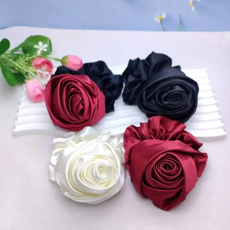 French Style Retro Rose Satin Hair Scrunchie - Artistic Glossy Floral Hair Accessory