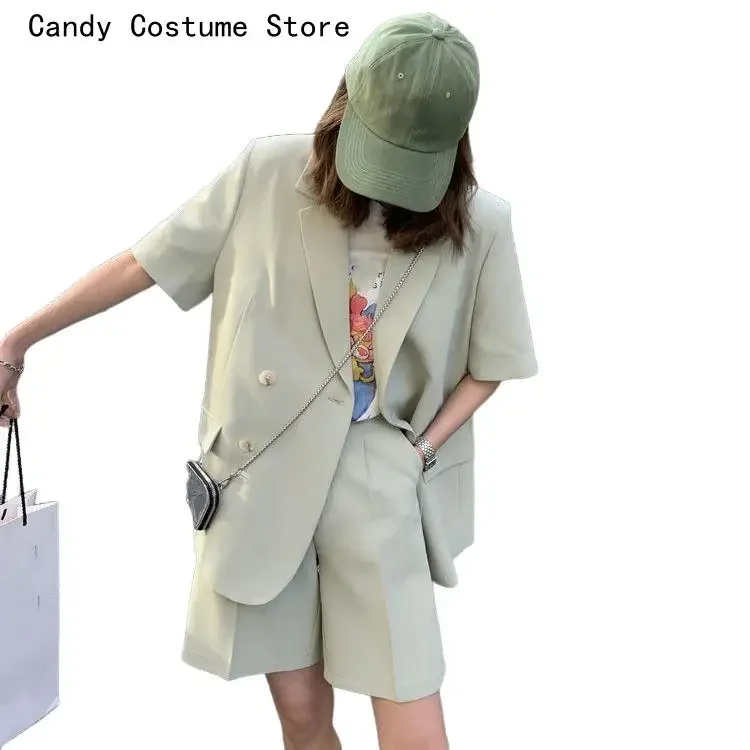 2 Piece Women Casual Office Ladies Suits Korean Loose Short Set With Blazer Summer Thin Short-sleeved Blazers + Shorts
