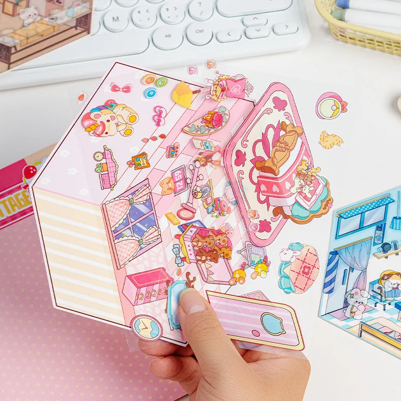 Cartoon Miniature Scene Stickers 2 Sheets No Cutting Landscape Stickers 3D Stereoscopic Hut Hand Tent Children's stickers scrapbooking supplies