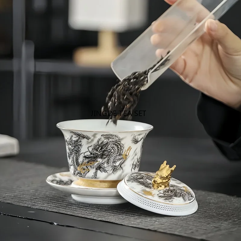 Chinese Dark Dragon White Sheep Fat Jade Porcelain Gaiwan 360&deg; Water Outlet Gold Painted High-end Retro Tea Bowl