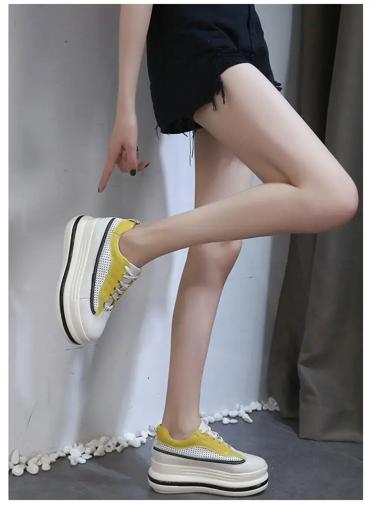 7cm Leather Hollow Platform Wedge Sneakers - true deals club