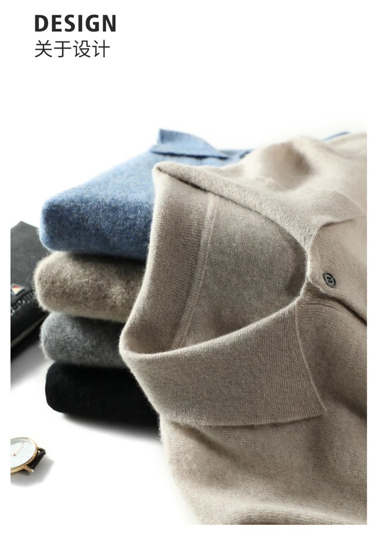 قميص بولو رجالي قصير الأكمام من الكشمير 100٪ للأعمال والملابس غير الرسمية، سترة للربيع والصيف