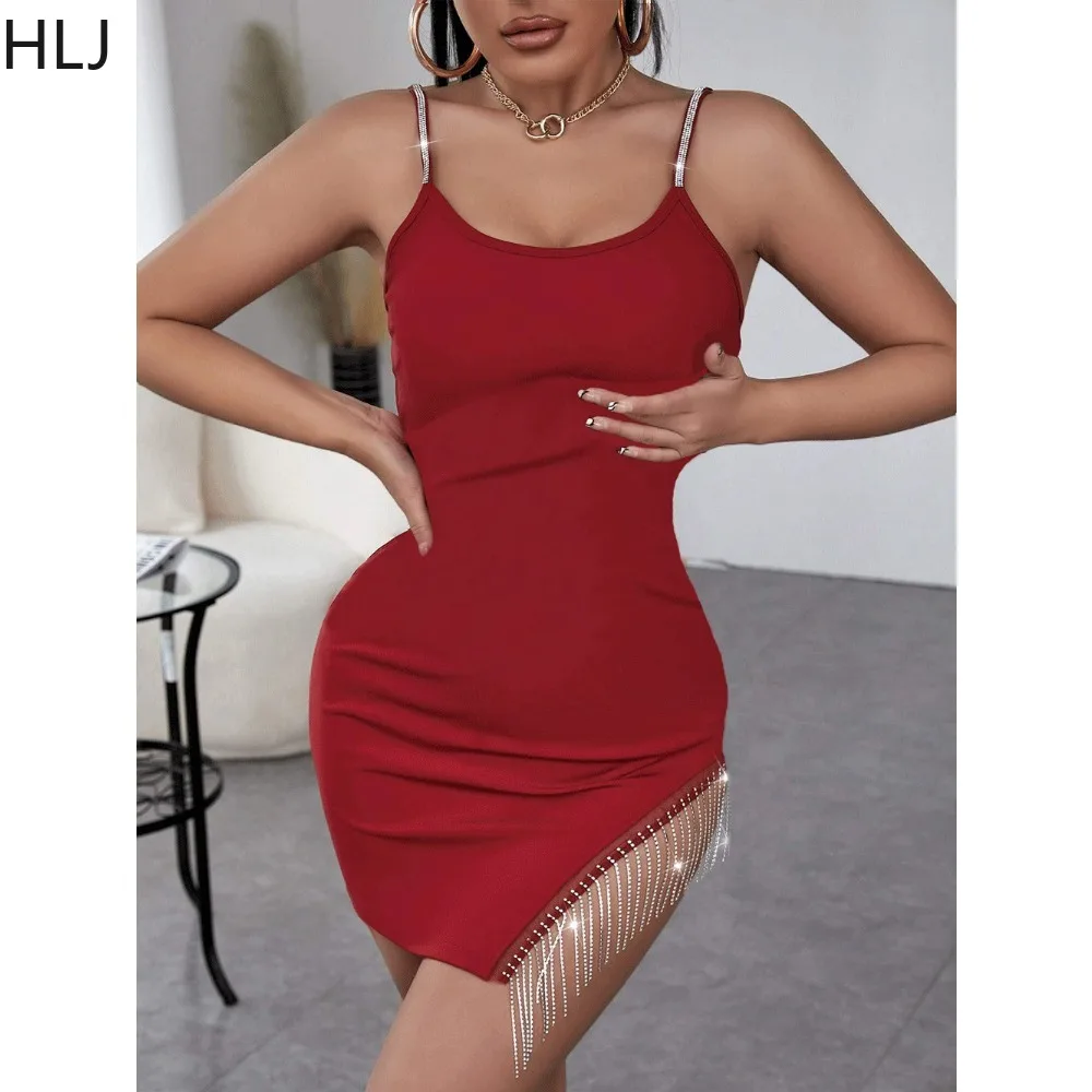 HLJ Sexy Luxury Rhinestone Bodycon Party Club Suspend Dress Women Thin Strap Sleeveless Diamond Tassel Dresses Fashion Vestidos