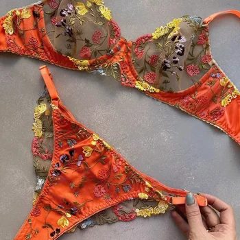 Ensemble de lingerie sexy en dentelle orange pour femme, style croisé, avec soutien-gorge floral assorti