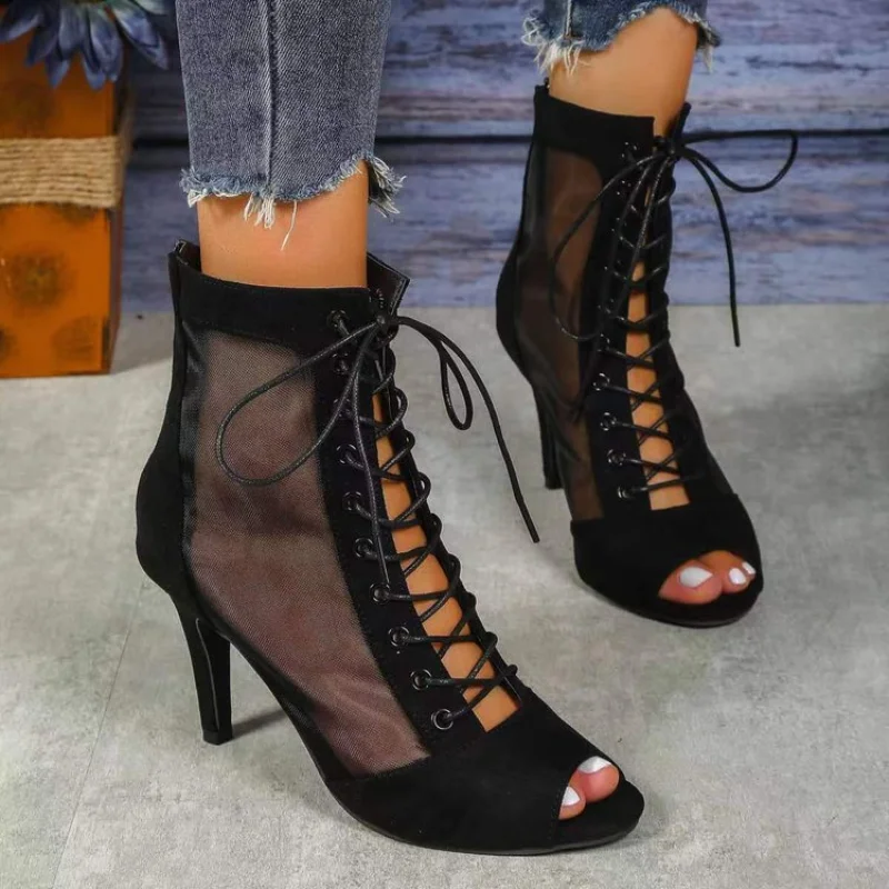 

Sandals Hollow Mesh Heels Women's Shoes Summer 2023 Trend Black Lace-Up Sexy Peep Toe Boots Stilettos Jazz Dance Female Shoes