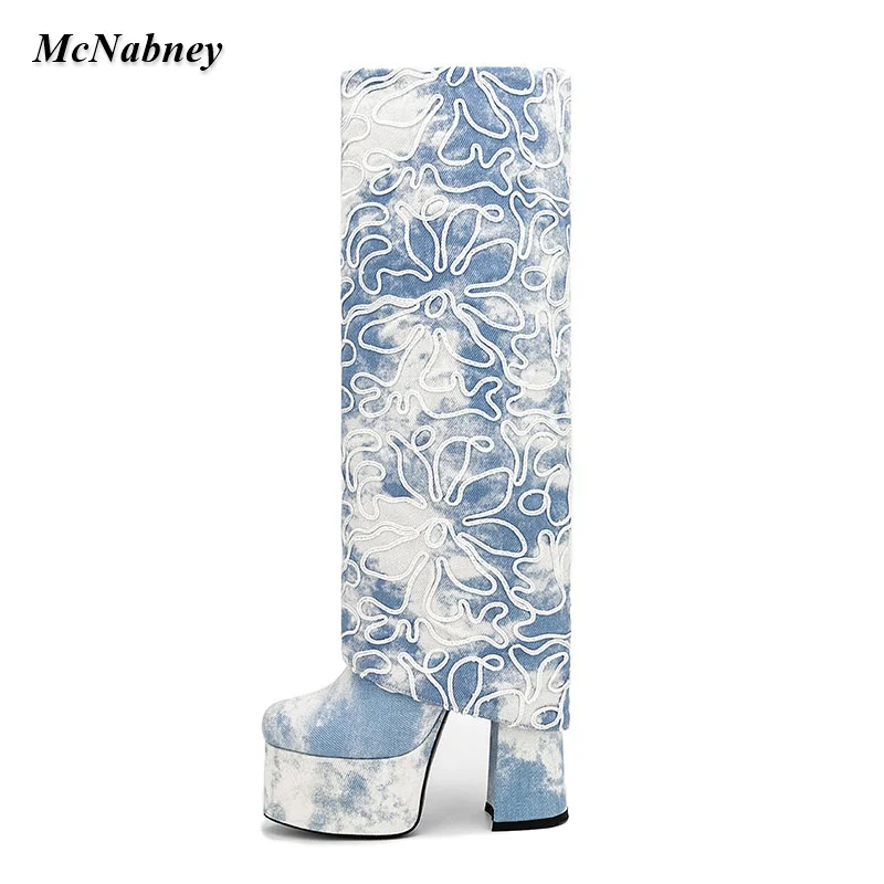 

Woman Denim Platform Fold Over Knee Boots Mixed Color Printing Chunky High Heels Autumn Winter Dress Pull On Tall Jean Shoes