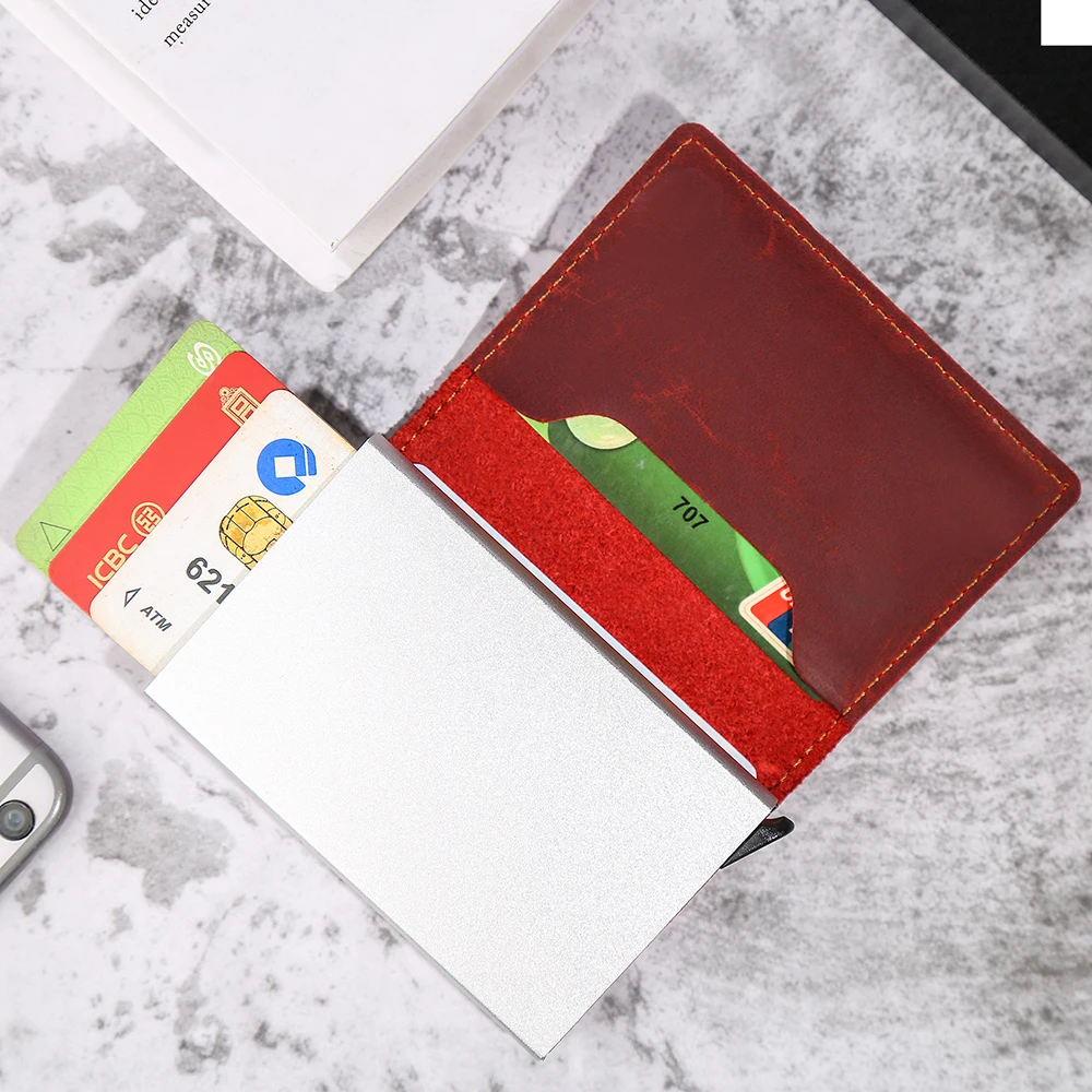 ID holders men women  retro Rfid anti-magnetic aluminum box  High capacity leather wallet multi-card bank card holder