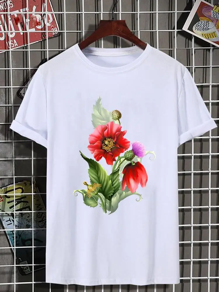 

Women Top Lady Female Shirt Tee Short Sleeve Graphic T-shirt Flower 90s Trend Floral Print Fashion O-neck Clothing Clothes