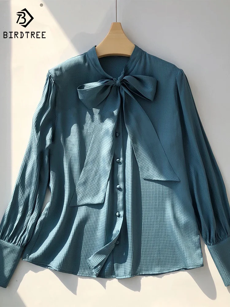 

Женская блузка из 100% натурального шелка и жаккарда с ленточным воротником и длинным рукавом, дизайнерская шикарная рубашка на осень и зиму, T3N686QM