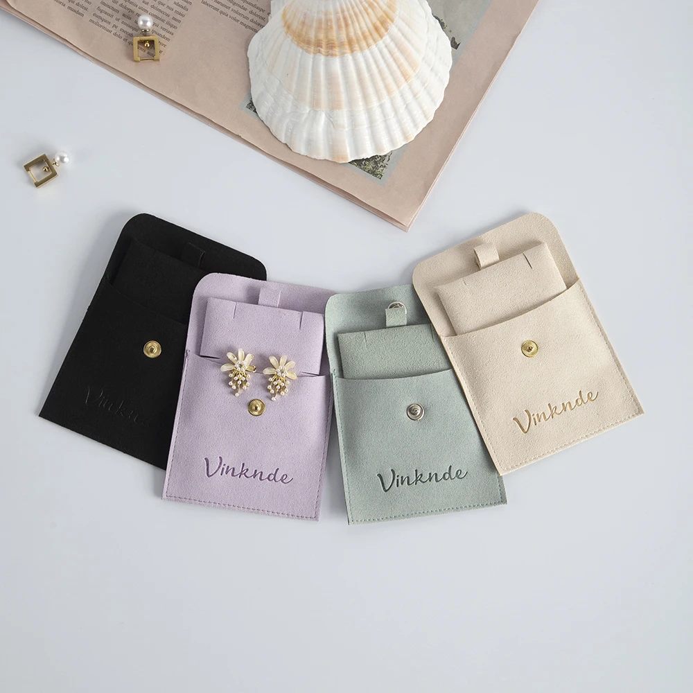 

Personalized Logo Suede Jewelry Display Snap Pouches With Insert Pad Card Necklace Earring Small Packaging Organizer Gift Bag