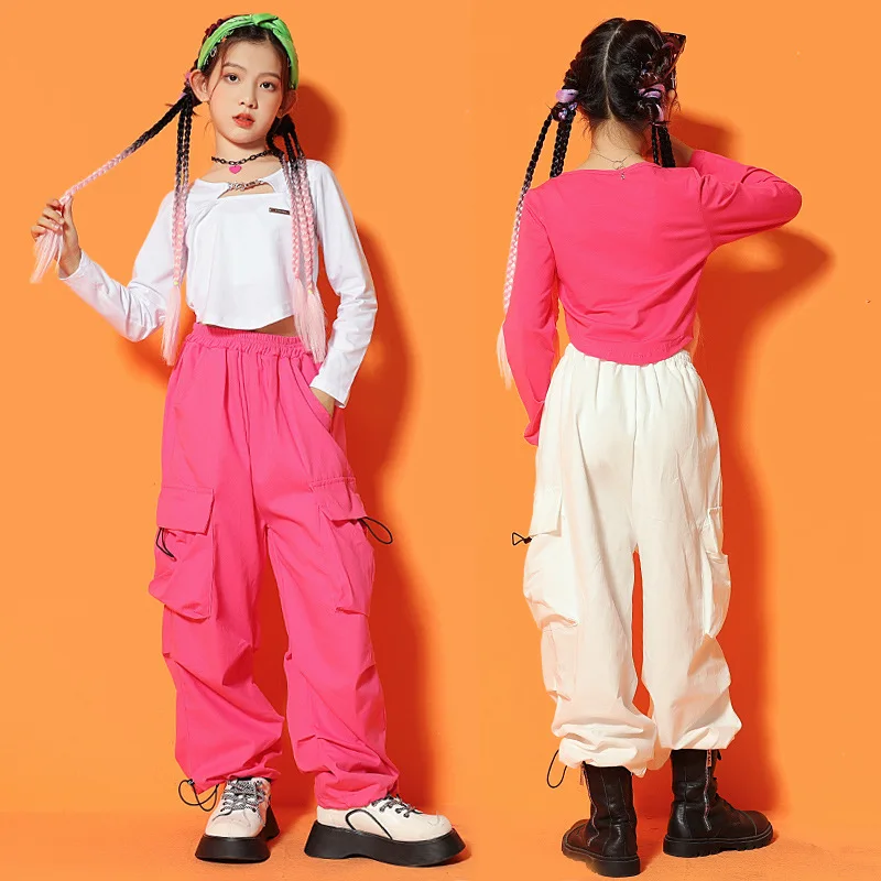 

Kids Teens Girls Long Sleeve T-shirt Cargo Pants Sets Children Streetwear Hip Hop Jazz Dance Stage Clothes Costumes Tracksuit
