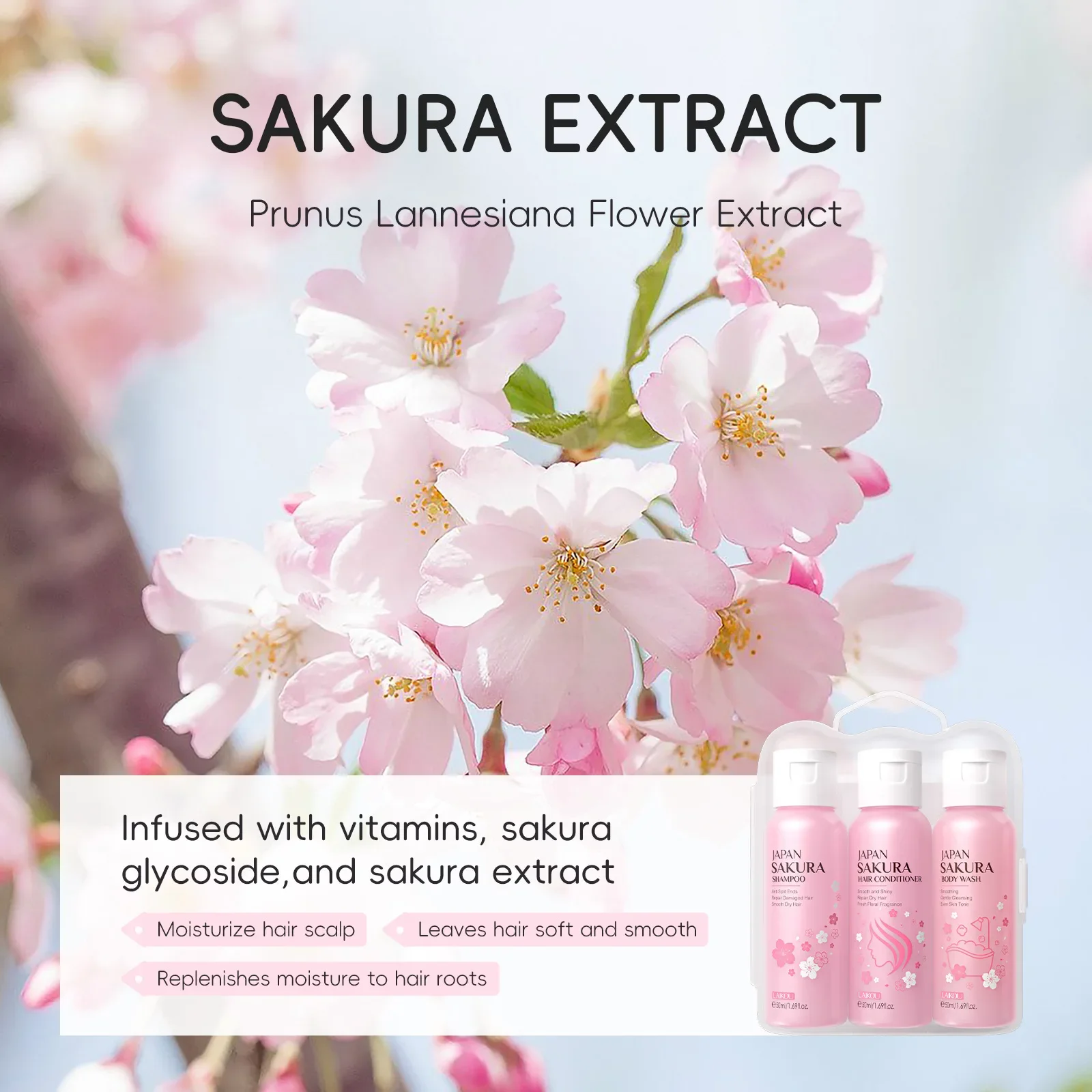Body Wash Shampoo Set LAIKOU Sakura Body Wash Shower Shampoo Cherry Blossom Hair Conditioner Smooth Gentle Cleansing Fragrant Moisturizing Skin Care
