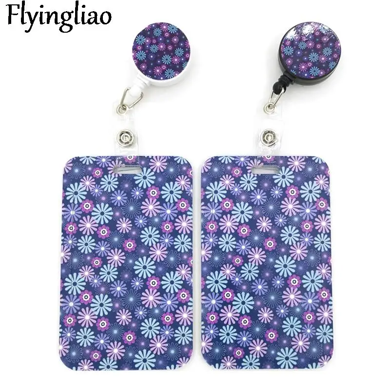 Purple Blue Flowers Cute Credit Card Cover Lanyard Bags Retractable Badge Reel Student Nurse Enfermera Name Clips Card ID Card  pink leaves feather horizontal cute card cover clip lanyard retractable student nurse badge id card badge holder accessory