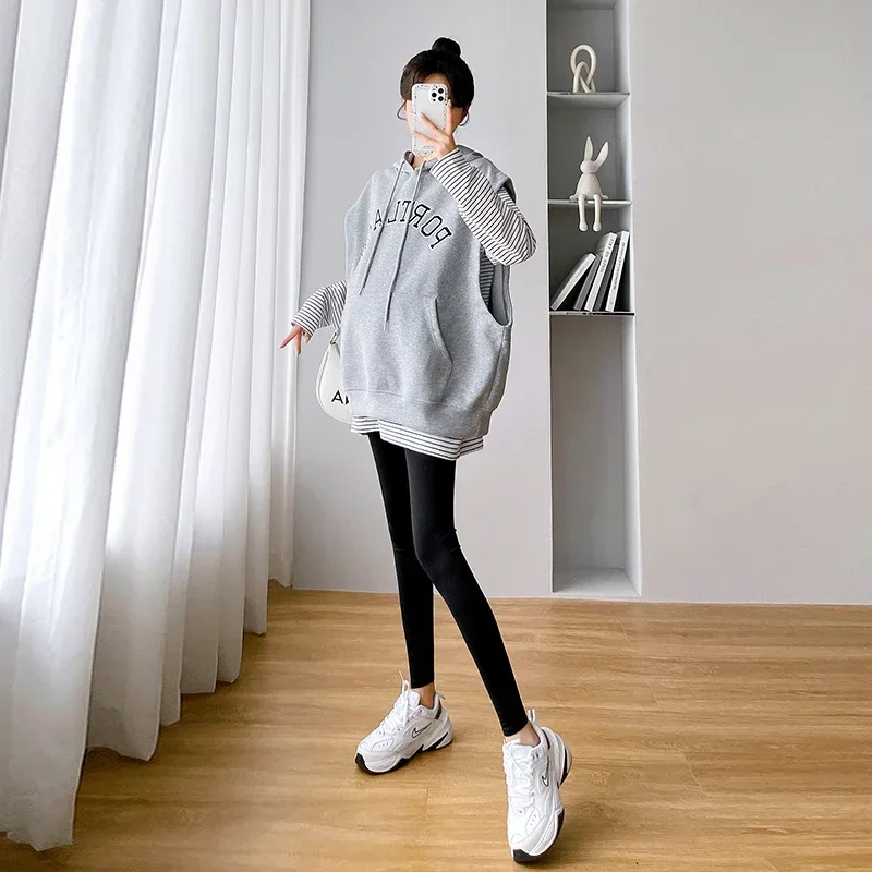 567# Two Pieces Sets Autumn Korean Fashion Maternity Vest Hoodies Striped Tees Suits Sweatshirt Clothes for Pregnant Women Coats