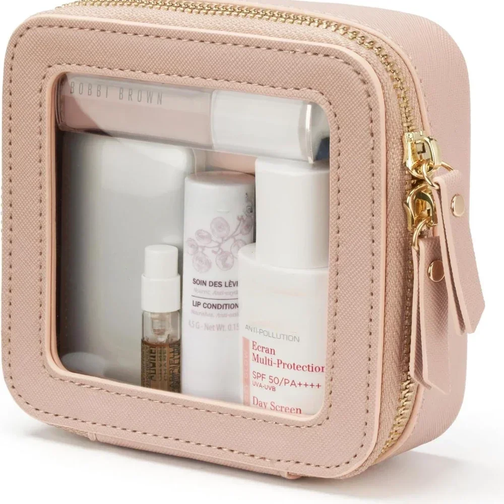 Compact Clear Makeup Bag with PU Saffiano Vegan Leather and Visible Window for Lipsticks and Cosmetics