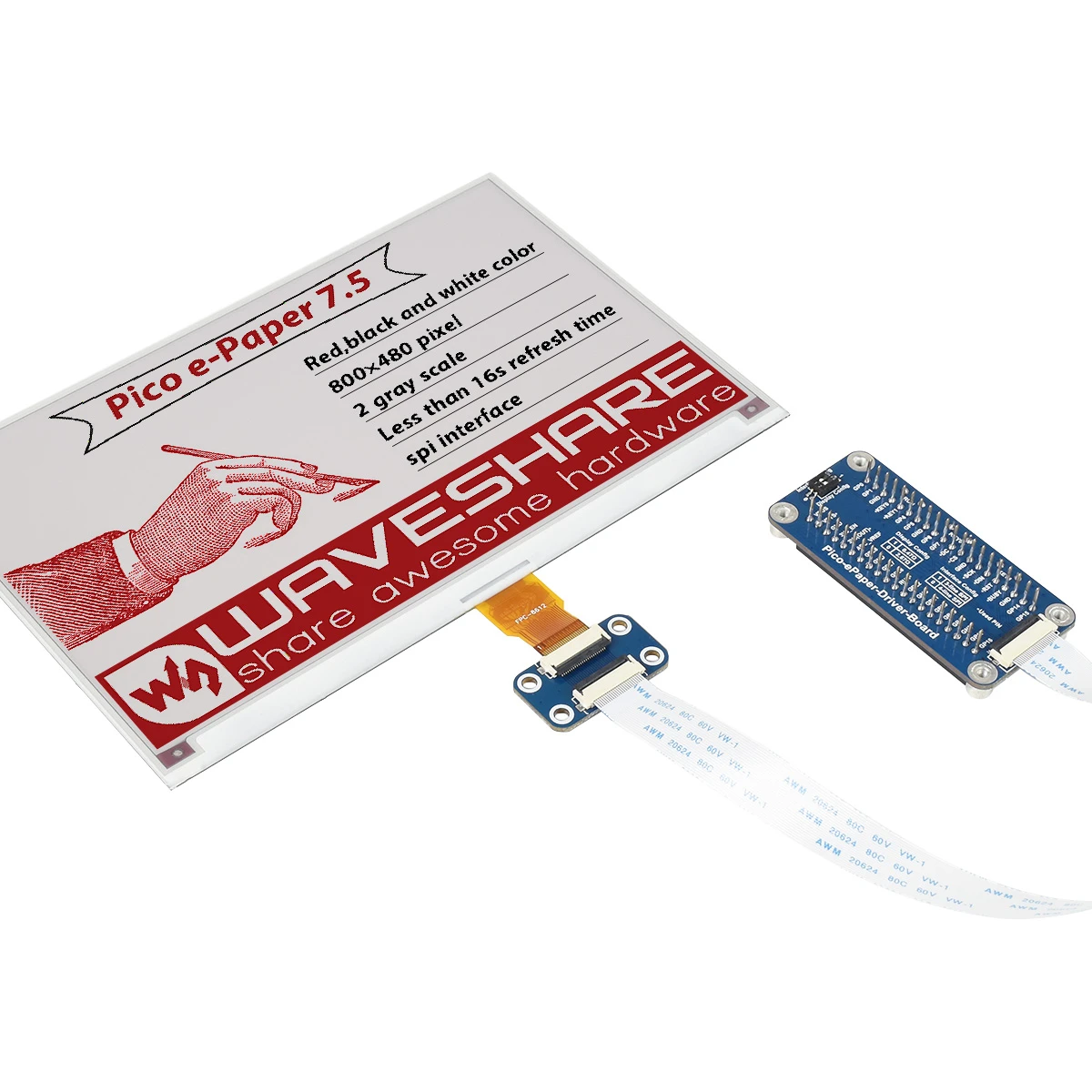 

Дисплейный модуль wavecare E-Ink 7,5 дюймов, класса B, 800 х 480, красный, черный, белый SPI