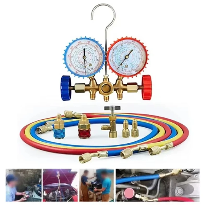 R410a 3방향 AC 진단 매니폴드 게이지 세트 (R134A, R410A, R22 호환, 호스 어댑터, 퀵 커플러, 캔 탭 포함)-A09I