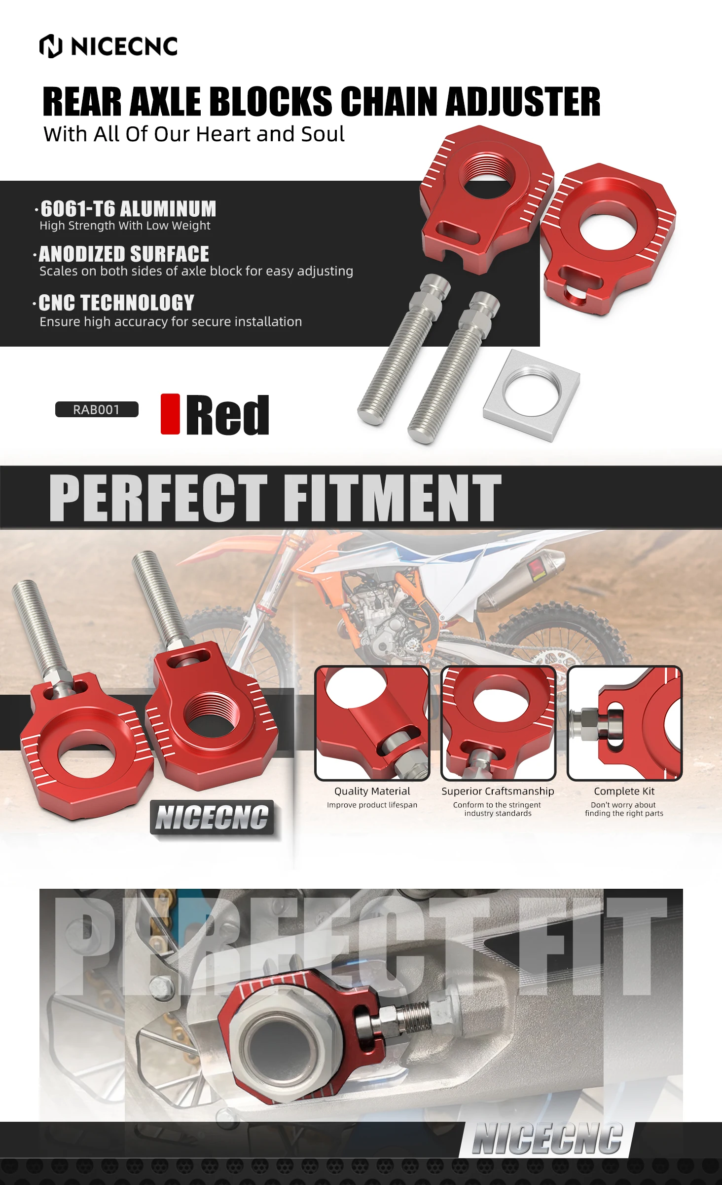 NICECNC Für GasGas EC300 EC250 EC250F EC350F EC450F 2021-2023 KTM EXC 300 Für Husqvarna TE300 Hinterachse Blöcke Kettenspanner – Detail 1