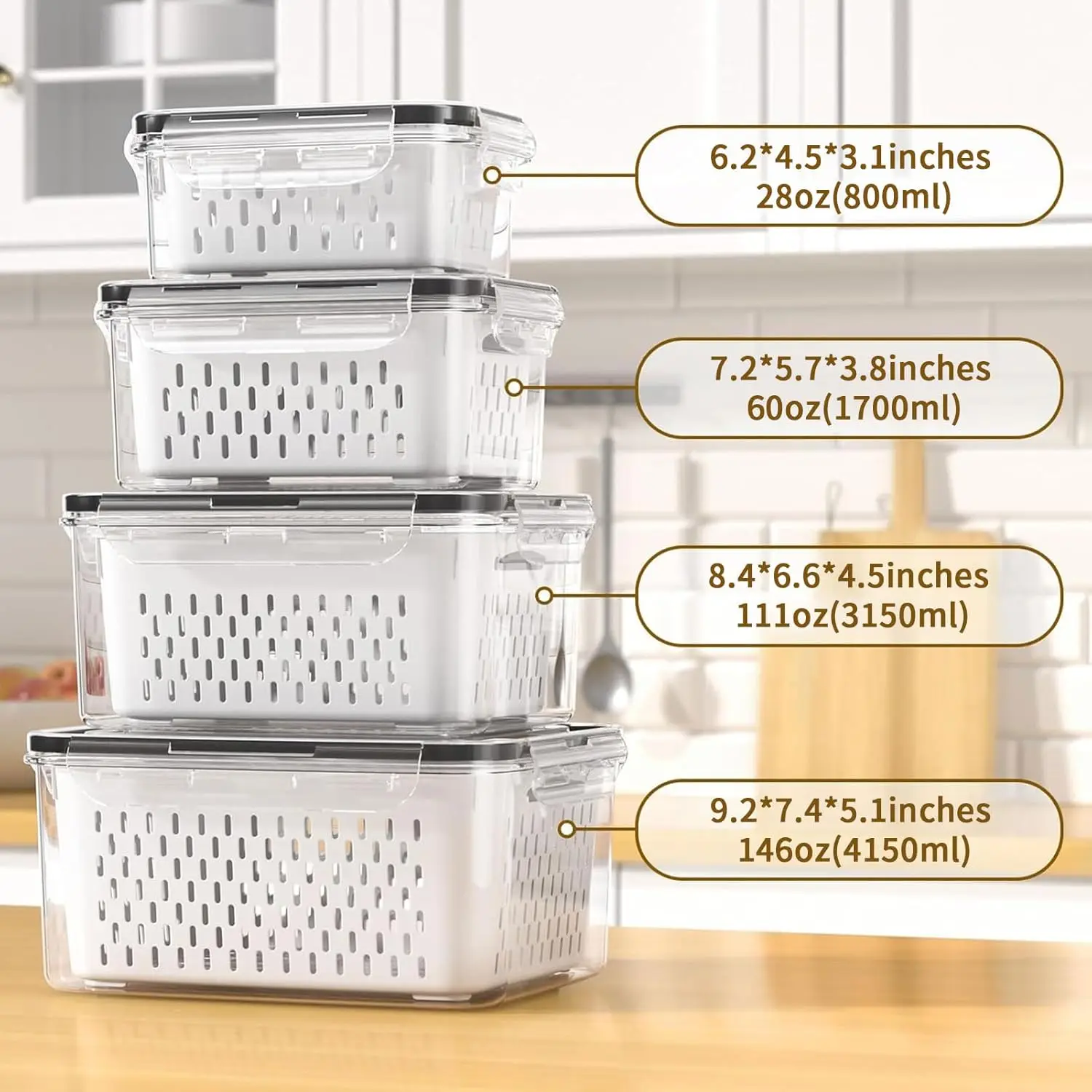 Fridge Food Storage Container Set with Lids with Strainer,Plastic Fresh Produce Saver Vegetable Fruit Meat Organizer 2