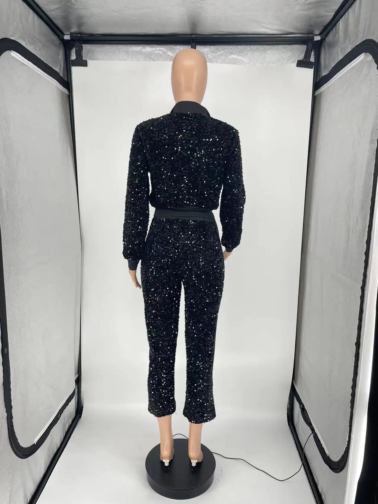 Two Piece Set Women Sets Fashion Zipper Sequins Turn-down Collar Long Sleeve Black Jacket Top And Elastic Waist Pants Suit