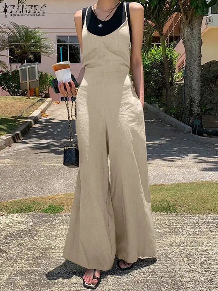

Fashion Women Spaghetti Strap Jumpsuits Summer Overalls ZANZEA Casual Backless Wide Leg Rompers Solid Long Playsuits Dungarees