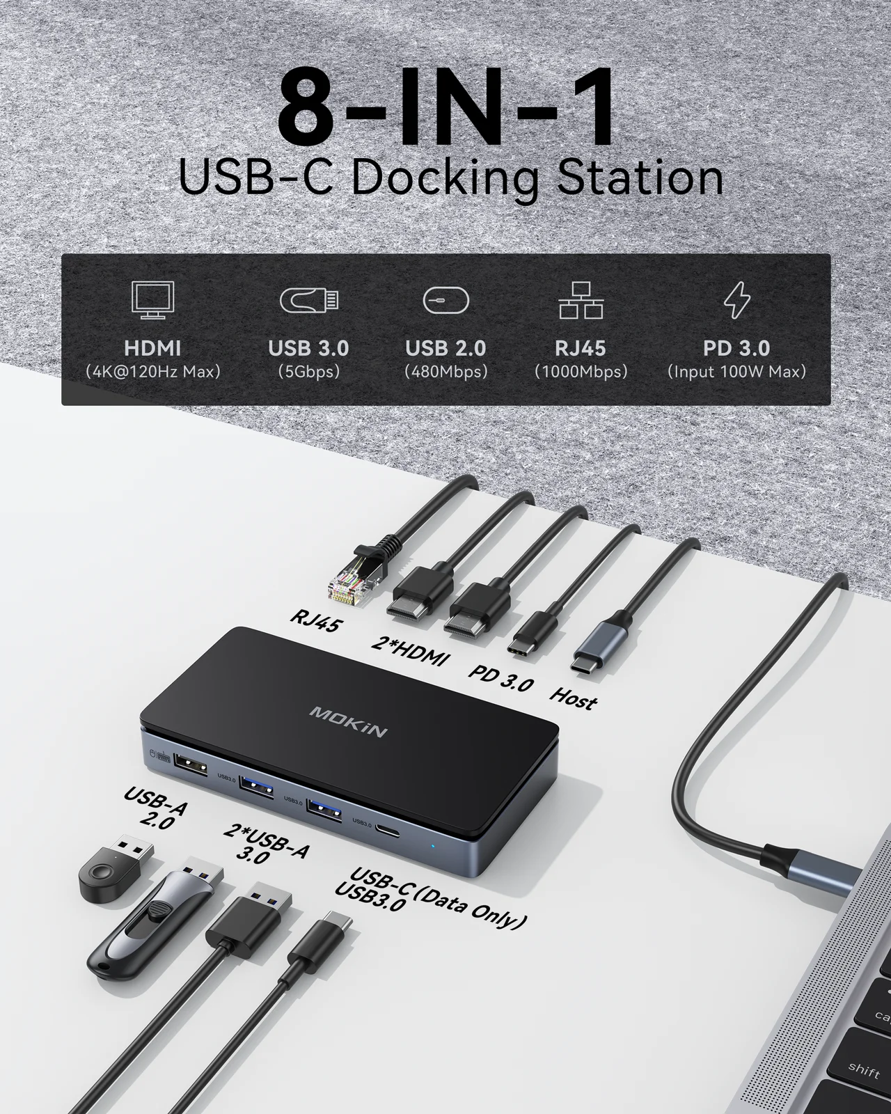 Baseus Docking Station USB C 9 In 1 - Dual HDMI 4K, Ethernet, PD 100W, Per MacBook, Dell, HP - Foto 7