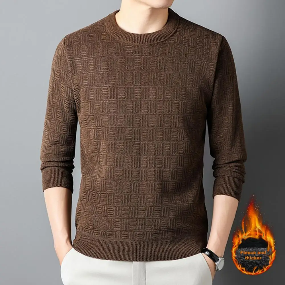 

Men Warm Sweater Knitted Thick Round Neck Long Sleeve Elastic Slim Fit Soft Plus Size Casual Mid Length Men Pullover Top