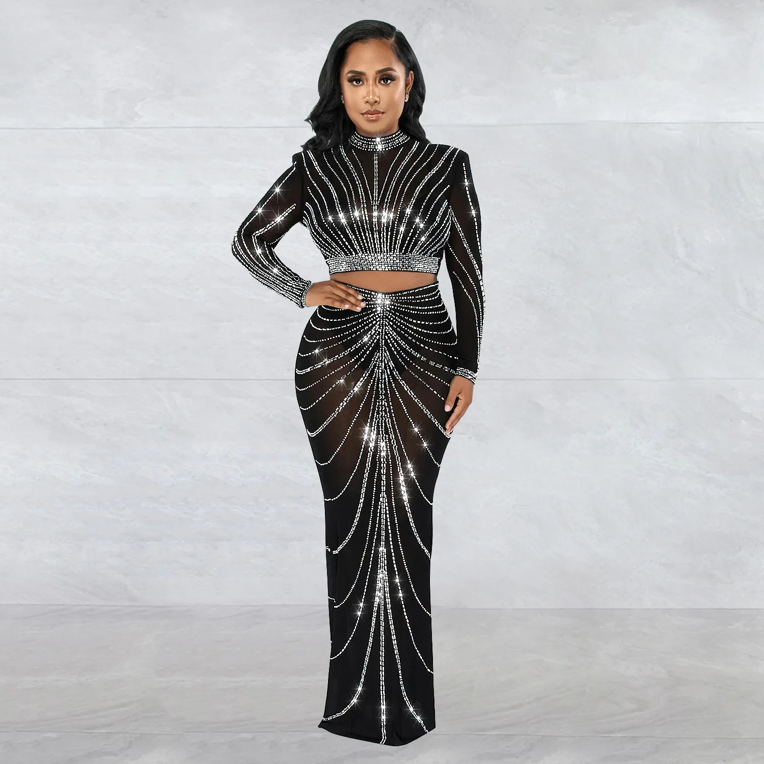 2023 Long Sleeve Mesh Maxi Bodycon Elegant Party Sparkly Rhinestone For Birthday Dress Sexy Club Two Piece Sets Womens Outifits