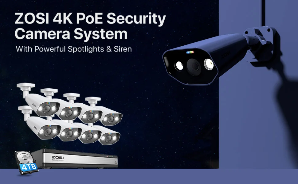 ZOSI 16CH 4K PoE Security Camera System 2-Way Audio H.265+ 8MP 16CH NVR 4TB HDD for 24/7 Recording 8MP Outdoor PoE IP Cameras