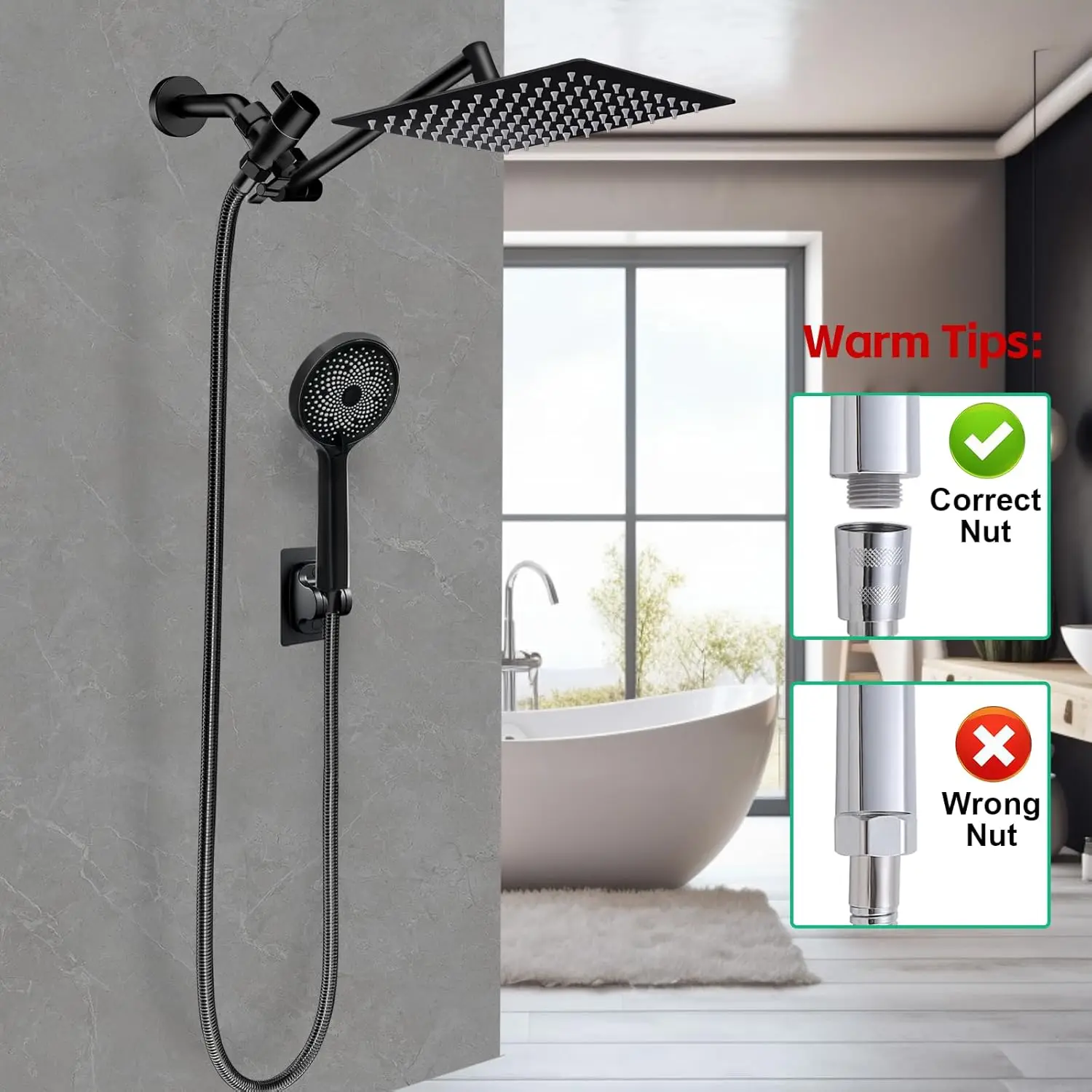 Hand-held spray combination and adjustable extension arm / 3-way flow regulator/shower system, high pressure rain hose 6