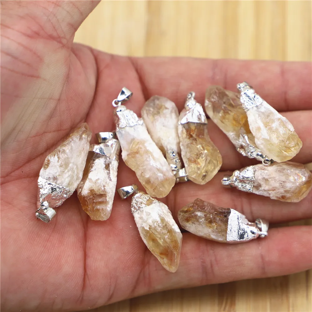 New Natural Stone Irregular Yellow Crystal Citrine Pendants Charms Silver Plated for Fashion Women Jewelry Necklace Making 12pcs
