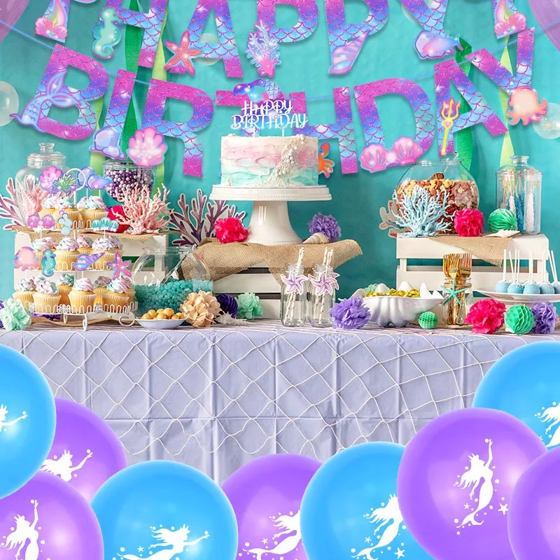 para mi Compañero Shuraba Adornos de fiesta de cumpleaños con temática de sirena, pancarta con  banderines, globos de látex, decoración para cupcakes, 1ª chica|Decoraciones  DIY de fiestas| - AliExpress
