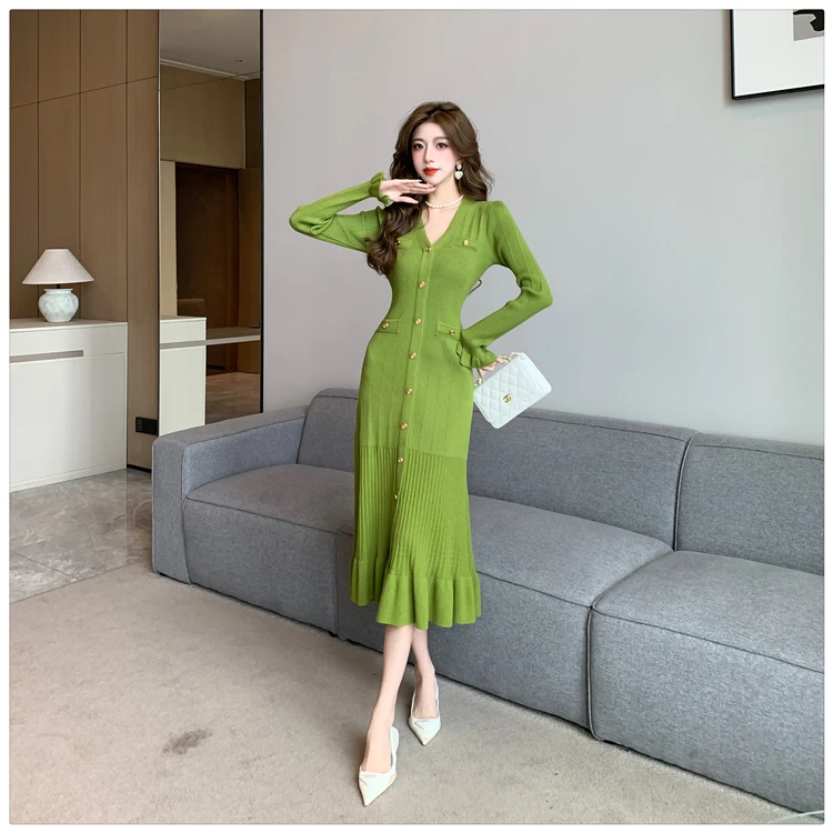 Autumn Solid Knitted Dresses for Women Single Breasted Chic Flared Sleeve Ruffles Hem Casual Female Office Elegant Robes