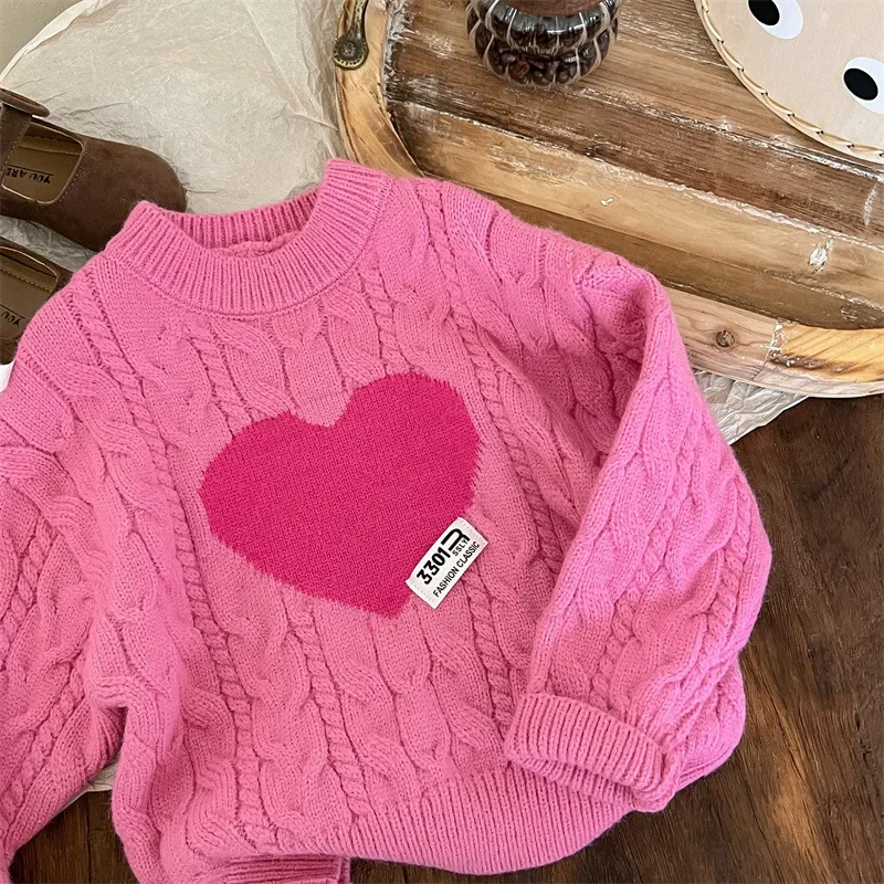 

Girls Sweaters 2024 Autumn Winter Pink Love Jacquard Long Sleeve Knitted Kids Girls Pullovers Children Girls Knitwears