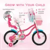 Children's 16/18 Inch Bike with Basket, Streamers, Training Wheels, Handbrake & Rear Brake for Ages 4-8