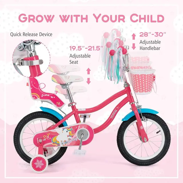 Children's 16/18 Inch Bike with Basket, Streamers, Training Wheels, Handbrake & Rear Brake for Ages 4-8