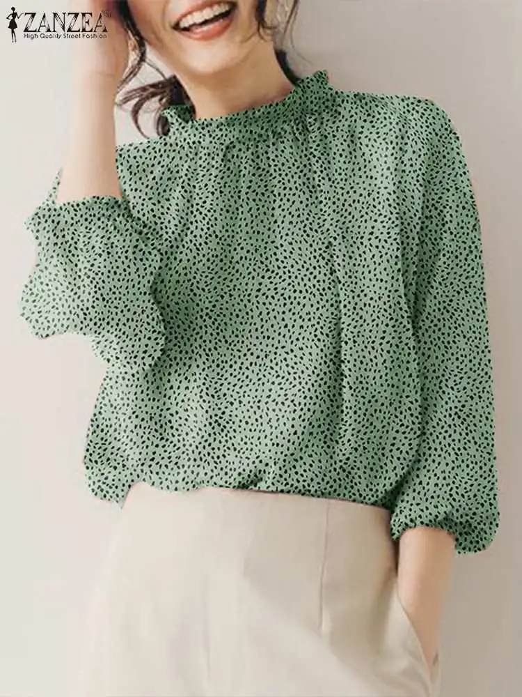 

Элегантные туники ZANZEA, женская блузка с леопардовым принтом, модная рубашка с рукавами-фонариками 3/4, Осенние повседневные плиссированные топы с воротником-стойкой, 2023