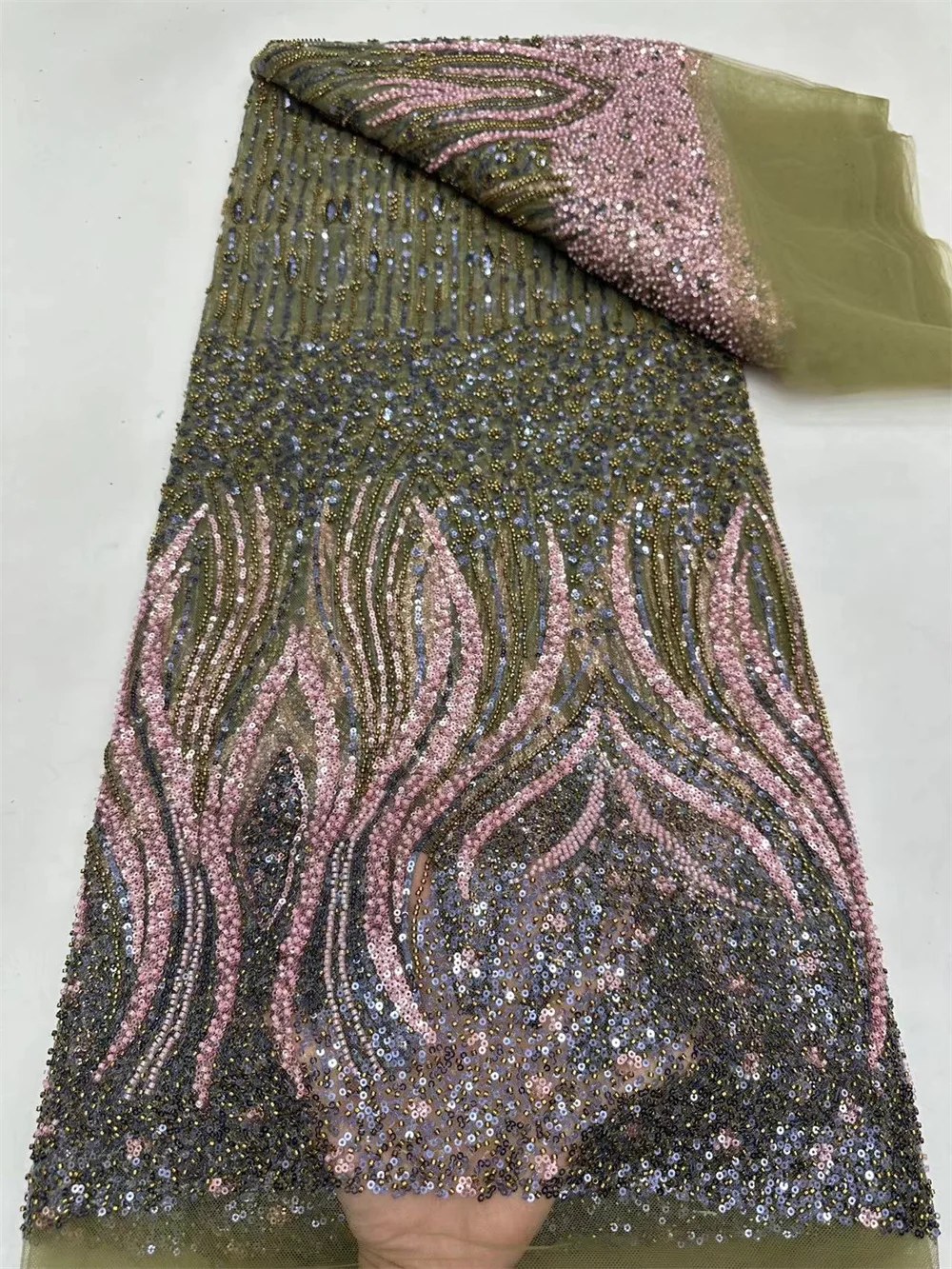 Nigerian Handmade Beads Lace Fabric Luxurious Sequins Beaded Embroidery African Lace Fabric for Sewing High Quality 2024 A01-3