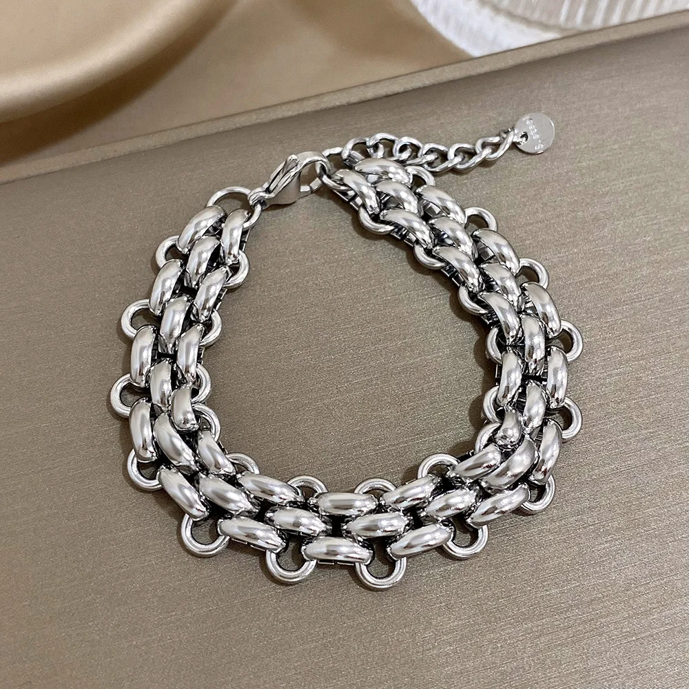 Trendiges, klobiges, dickes Kettenarmband aus Edelstahl für Damen, Punk-Statement, glänzende, mehrschichtige Gliederarmbänder, Armbandschmuck – Detail 3