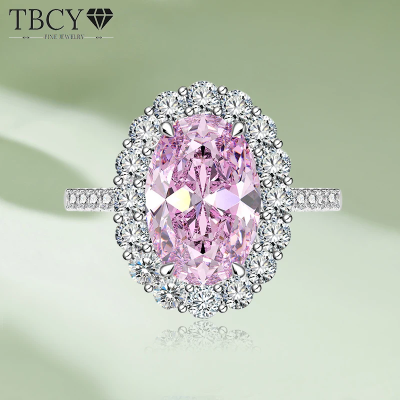 

TBCYD 8x12MM Oval Cut Pink Diamond Rings For Women S925 Silver High Carbon Diamond Promise Band Sparkling Party Fine Jewelry