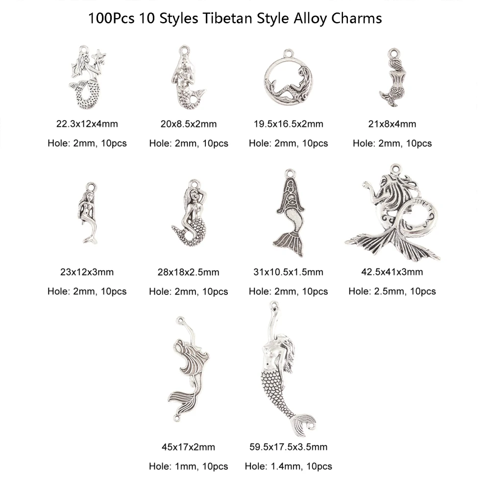 100pcs Mixed Antique Silver Sea Life Charms Marine Sea Animal Charms Tibetan Mermaid Charms for Jewelry Making Crafts Bulk