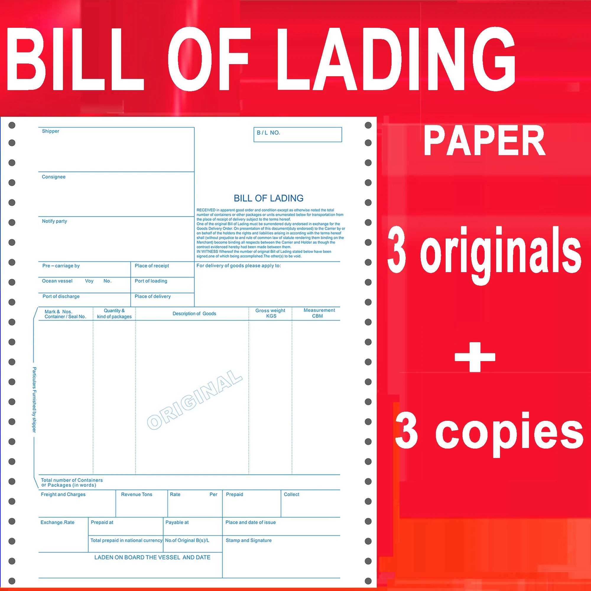 Neutral OCEAN bill of lading, Nvocc 3 originals, 3 copies，6 pages, General international Logistics MBL LCL，paper