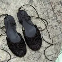 Sandales tissées pour femmes 2026 – Nouvelles sandales d'été en cuir de mouton faites à la main, style rétro, à lacets, bout fermé, marron 2