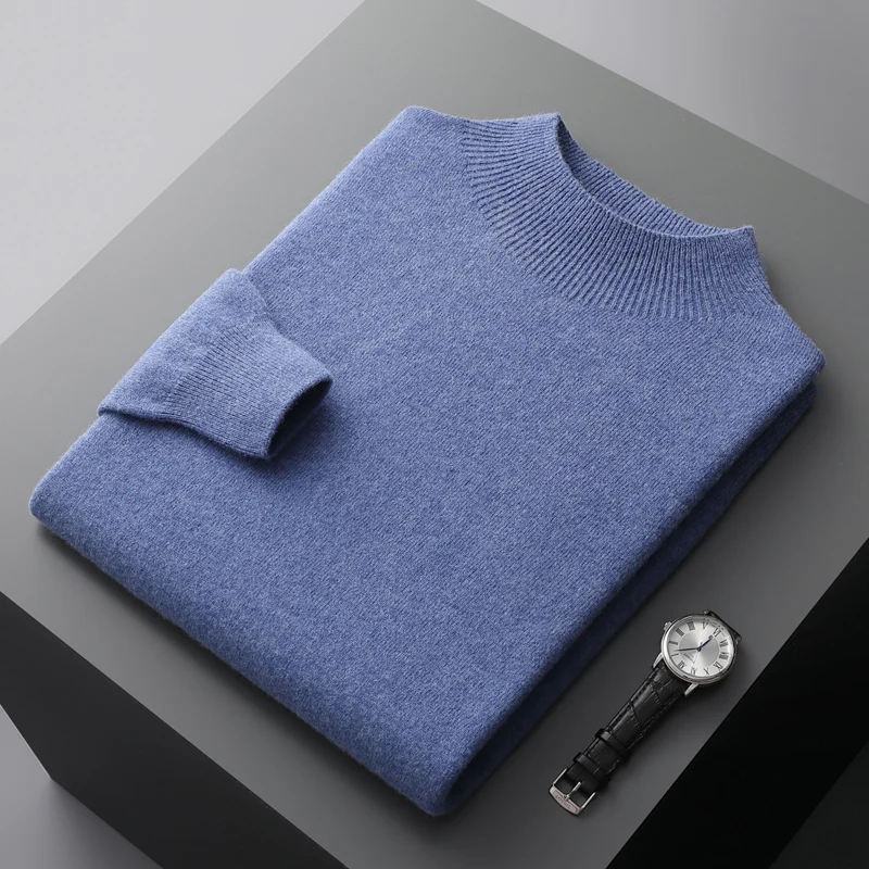 

Autumn and winter new semi-high collar men's cashmere sweater solid color loose 100% pure wool Joker sweater